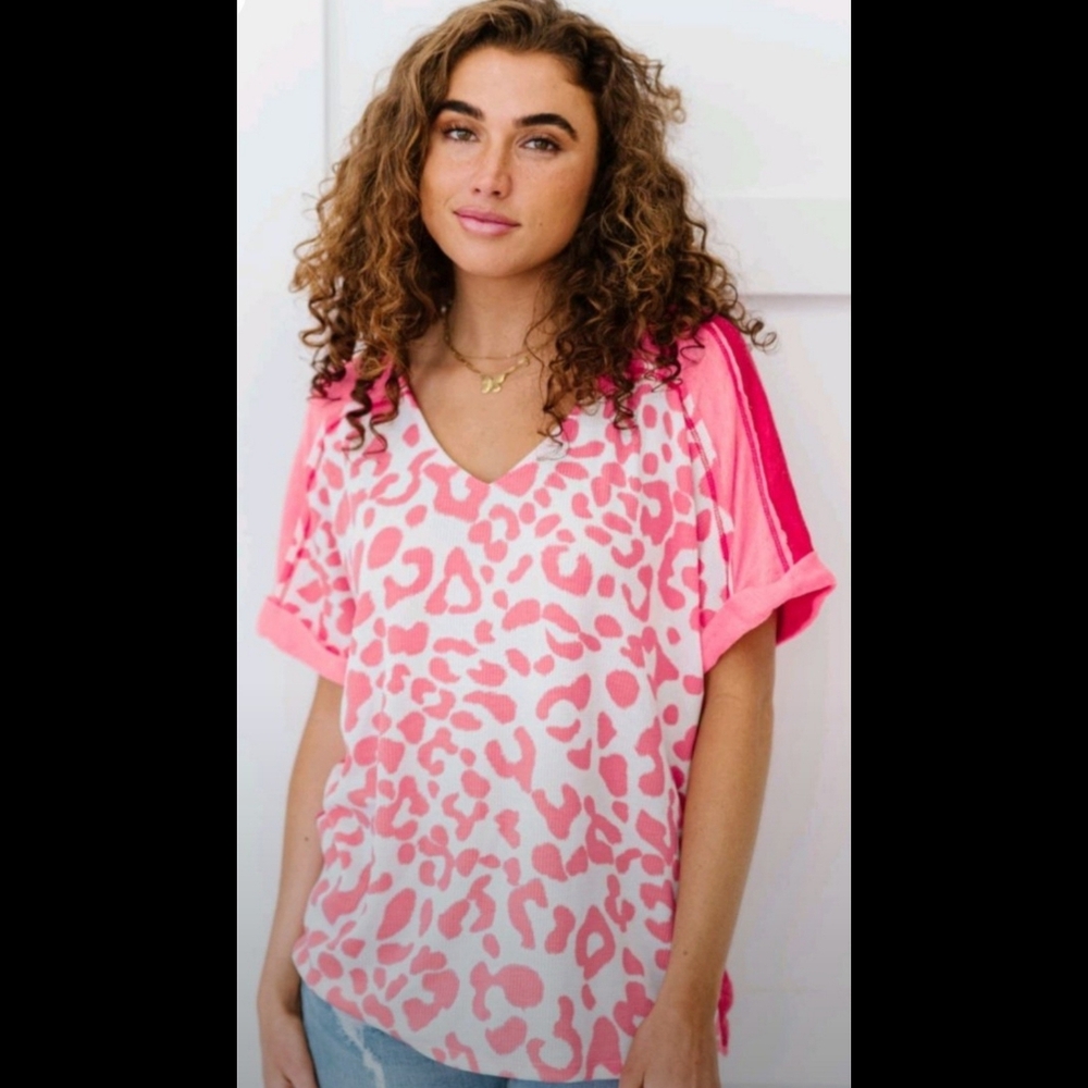 BiBi Pink and White Graphic Cuffed Sleeve Tee